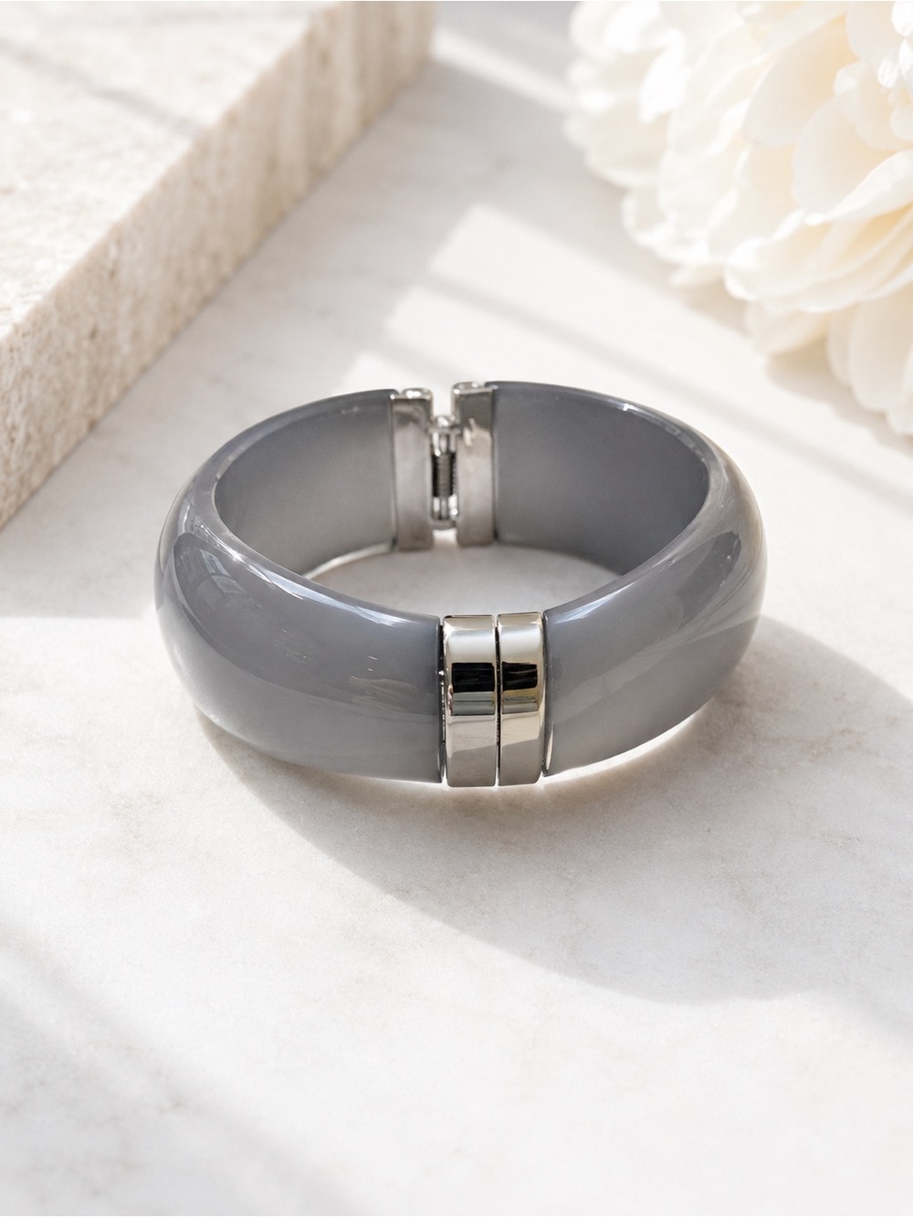 Boutique Wide Gray Lucite Hinged Bangle Bracelet Modern Statement Cuff NWT